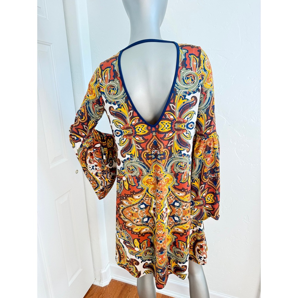 Haani Boho Retro Psychedelic Paisley Bell Sleeve Keyhole Tunic Mini Dress M - Picture 7 of 8